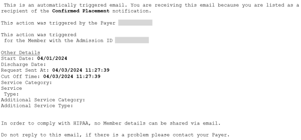 In the image, an email notification sample displays for a confirmed placement, including a message, triggered action, and other details.